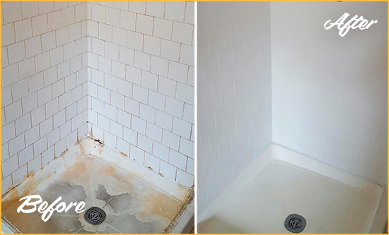 Before and After Picture of a Crutchfield Crossroads Shower Tile and Grout Cleaned to Remove Soap Scum