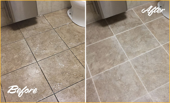 Before and After Picture of a Crutchfield Crossroads Restroom Tile and Grout Cleaned to Remove Soil