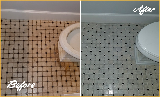 Before and After Picture of a Crutchfield Crossroads Bathroom Tile and Grout Cleaned to Remove Stains