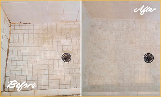 Before and After Picture of a Gulf Shower Caulked to Fix Cracks
