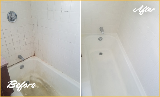 Before and After Picture of a Gulf Bathtub Caulked to Repair Cracks