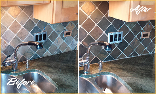 Before and After Picture of a Gulf Backsplash Caulked to Fix and Prevent Water Leaks
