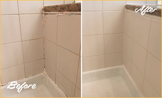 Before and After Picture of a Gulf Shower Caulked to Repair Damaged Caulking
