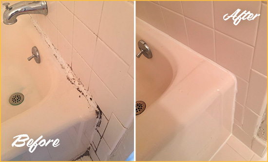 Before and After Picture of a Gulf Bathroom Sink Caulked to Fix a DIY Proyect Gone Wrong