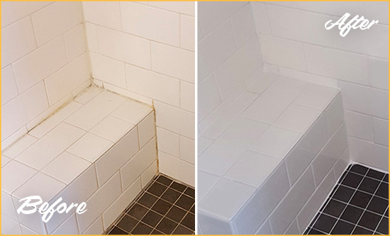Before and After Picture of a Gulf Shower Seat Caulked to Protect Against Mold and Mildew Growth