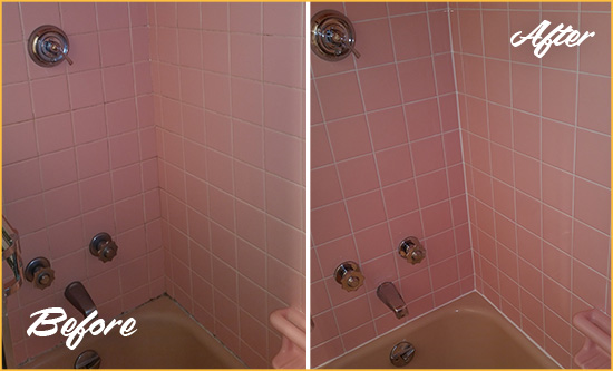 Before and After Picture of a Gulf Bathtub Caulked to Eliminate Mold