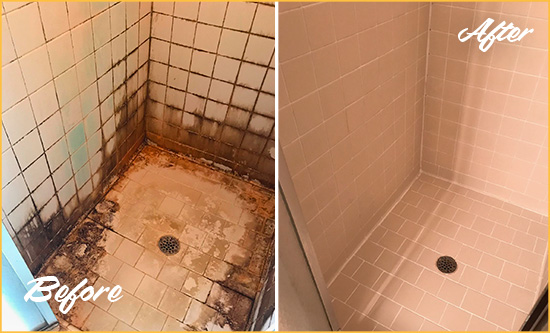 Before and After Picture of a Gulf Shower Caulked to Fix and Prevent Water Damage