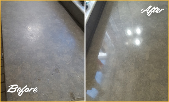 Before and After Picture of a Dull Triangle Limestone Countertop Polished to Recover Its Color