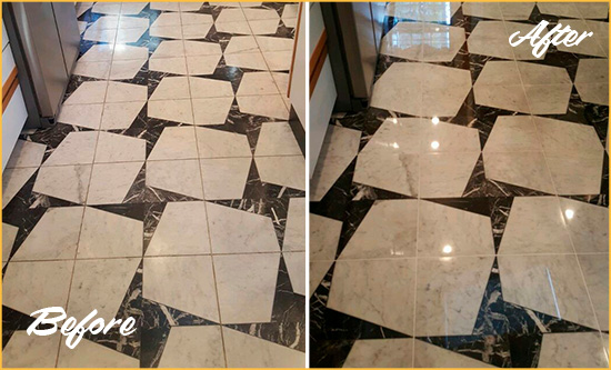 Before and After Picture of a Dull Triangle Marble Stone Floor Polished To Recover Its Luster