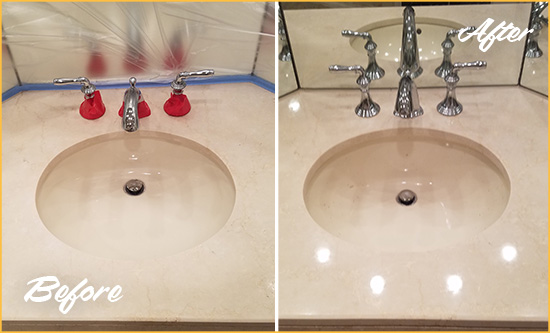 Before and After Picture of a Dull Triangle Marble Stone Vanity Top Polished to Bring-Back Its Sheen