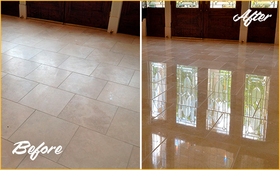 Before and After Picture of a Dull Triangle Travertine Stone Floor Polished to Recover Its Gloss