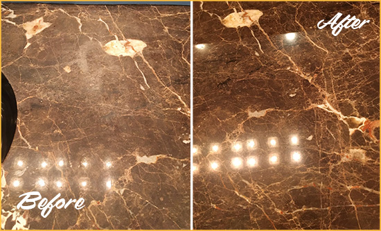 Before and After Picture of a Triangle Marble Stone Countertop Polished to Eliminate Stains