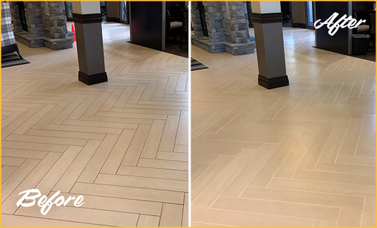 Before and After Picture of a Dirty Pittsboro Ceramic Office Lobby Sealed For Extra Protection Against Heavy Foot Traffic
