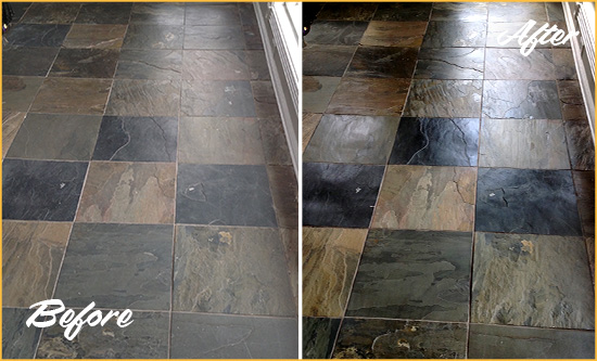 Before and After Picture of a Dull Pittsboro Slate Floor Sealed to Bring Back Its Colors