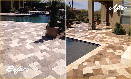 Before and After Picture of a Faded Pittsboro Travertine Pool Deck Sealed For Extra Protection
