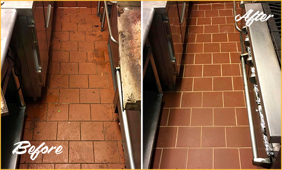 Before and After Picture of a Pittsboro Restaurant Kitchen Floor Sealed to Remove Soil