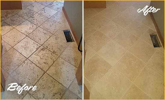 Before and After Picture of a Julian Kitchen Marble Floor Cleaned to Remove Embedded Dirt