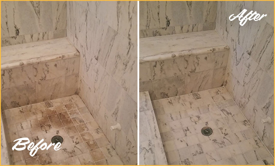 Before and After Picture of a Dirty Julian Marble Shower Cleaned to Eliminate Dark Stains