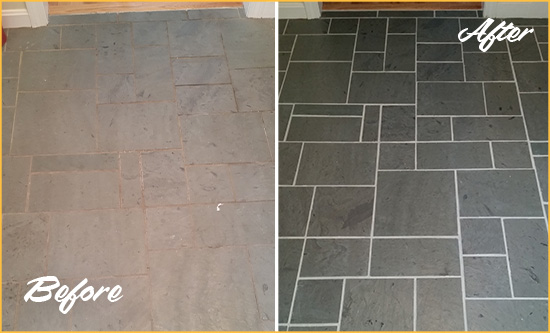 Before and After Picture of a Julian Slate Floor Cleaned to Remove Deep-Seated Dirt