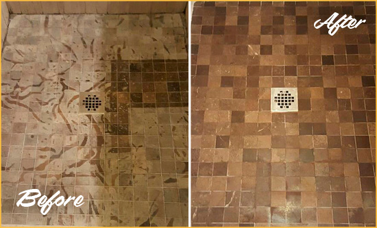 Before and After Picture of a Stained Julian Marble Shower Floor Cleaned to Remove Etching