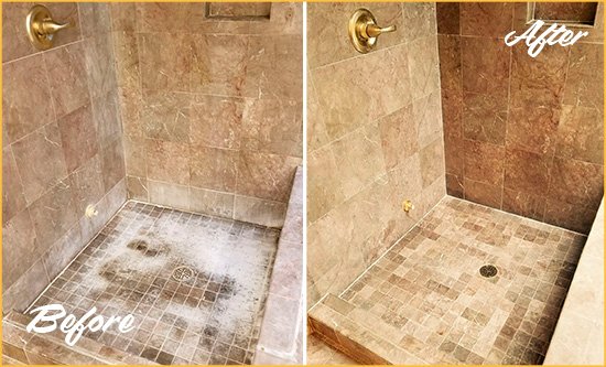 Before and After Picture of a Julian Travertine Shower Cleaned to Eliminate Water Spots