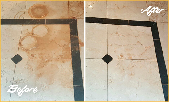 Before and After Picture of a Julian Marble Floor Cleaned to Eliminate Rust Stains