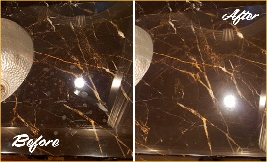 Before and After Picture of a Julian Marble Countertop Cleaned to Remove Water Spots