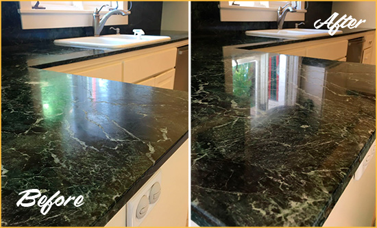 Sir Grout Seals the Stone of this Julian Granite Kitchen Countertop For Extra Protection Before and After Picture of a Julian Granite Kitchen Countertop Stone Sealed For Extra Protection
