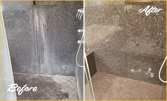 Before and After Picture of a Julian Granite Shower Stone Sealed to Avoid Mineral Deposits