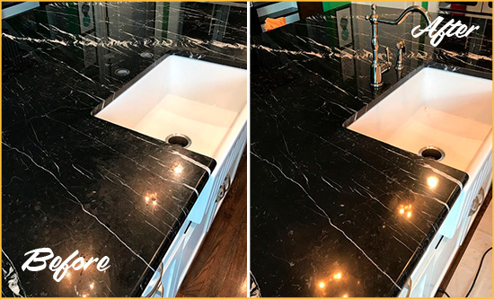 Before and After Picture of a Julian Marble Kitchen Countertop Stone Sealed to Avoid Water Damage