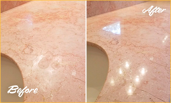 Sir Grout Seals this Julian Marble Stone Vanity Top to to Avoid Water Marks Before and After Picture of a Julian Marble Stone Vanity Top Sealed to Avoid Water Marks