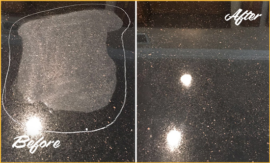Before and After Picture of a Bethesda Granite Kitchen Countertop Honed to Eliminate Scratch