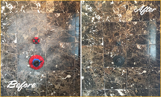 Before and After Picture of a Bethesda Marble Shower Honed to Remove Scratches