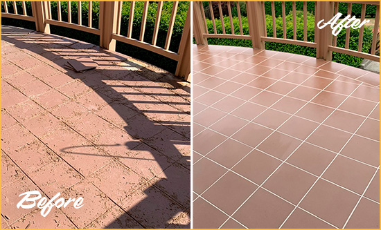 Before and After Picture of a White Cross Hard Surface Restoration Service on a Tiled Deck