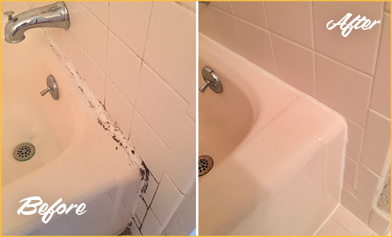 Before and After Picture of a White Cross Hard Surface Restoration Service on a Tile Shower to Repair Damaged Caulking