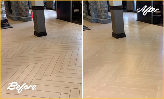 Before and After Picture of a White Cross Hard Surface Restoration Service on an Office Lobby Tile Floor to Remove Embedded Dirt