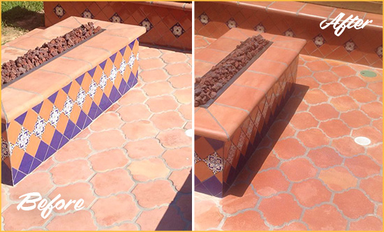 Before and After Picture of a White Cross Hard Surface Restoration Service on a Dull Terracotta Patio Floor to Recover Its Color