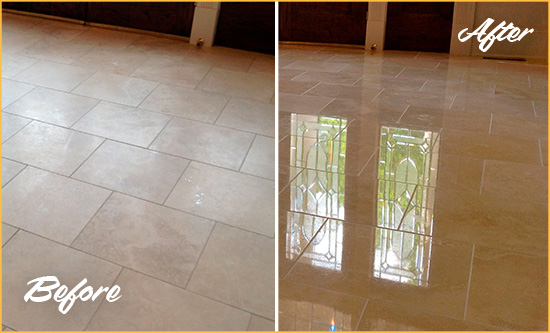 Before and After Picture of a White Cross Hard Surface Restoration Service on a Dull Travertine Floor Polished to Recover Its Splendor