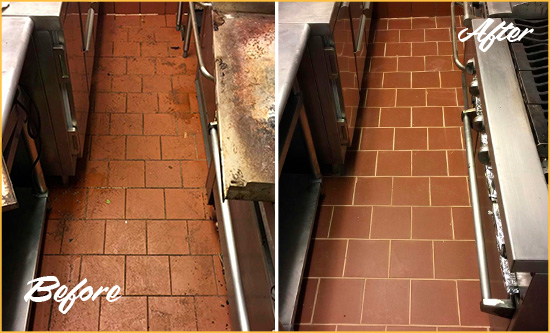 Before and After Picture of a White Cross Hard Surface Restoration Service on a Restaurant Kitchen Floor to Eliminate Soil and Grease Build-Up
