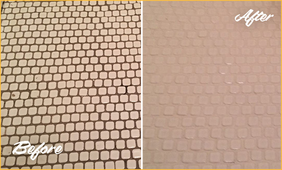 Before and After Picture of a White Cross Hard Surface Restoration Service on a Bathroom Tile Floor Recolored to Fix Grout Color