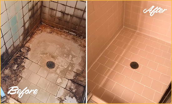 Before and After Picture of a White Cross Hard Surface Restoration Service on a Tile Bathroom to Repair Water Damage