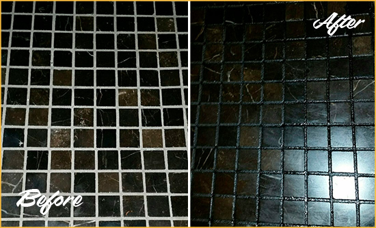 Before and After Picture of a Brickhaven Black Floor with Recolored Grout