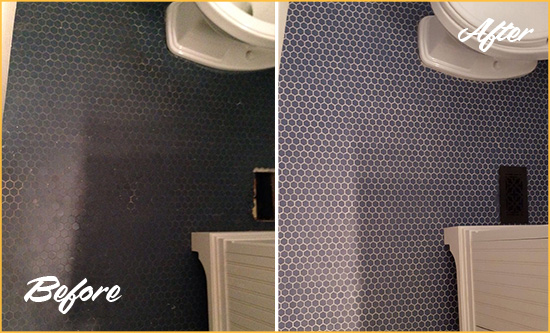 Before and After Picture of a Brickhaven Blue Tile Floor Recolored Grout