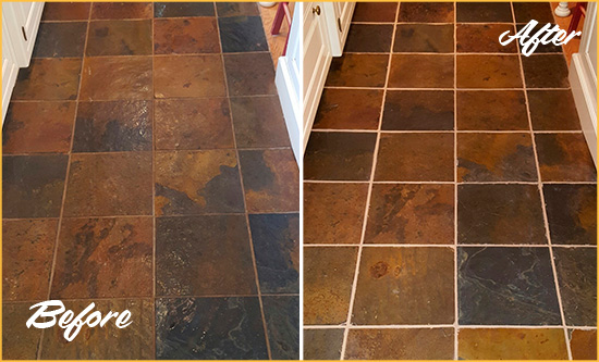 Before and After Picture of a Brickhaven Slate Floor Recolored Grout