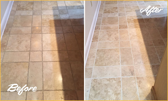 Before and After Picture of a Brickhaven Travertine Kitchen Floor Recolored Grout