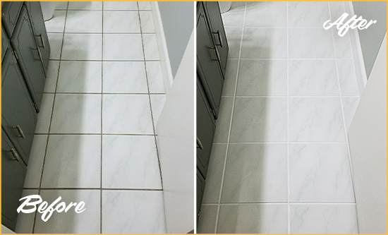 Before and After Picture of a Brickhaven White Ceramic Tile with Recolored Grout
