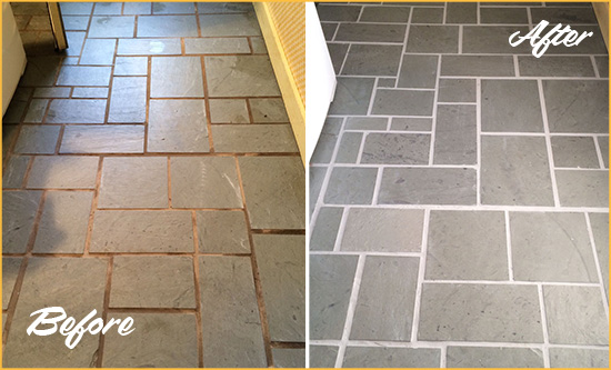 Before and After Picture of Damaged Schley Slate Floor with Sealed Grout