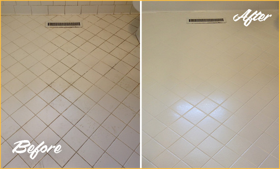 Before and After Picture of a Schley White Bathroom Floor Grout Sealed for Extra Protection