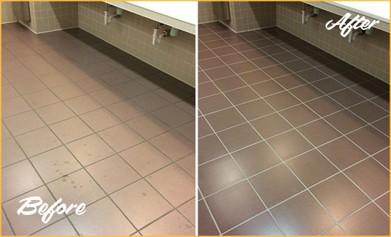 Before and After Picture of Dirty Schley Office Restroom with Sealed Grout