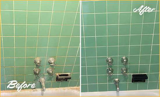 Before and After Picture of a Schley Bath Tub Grout Sealed to Avoid Water Damage